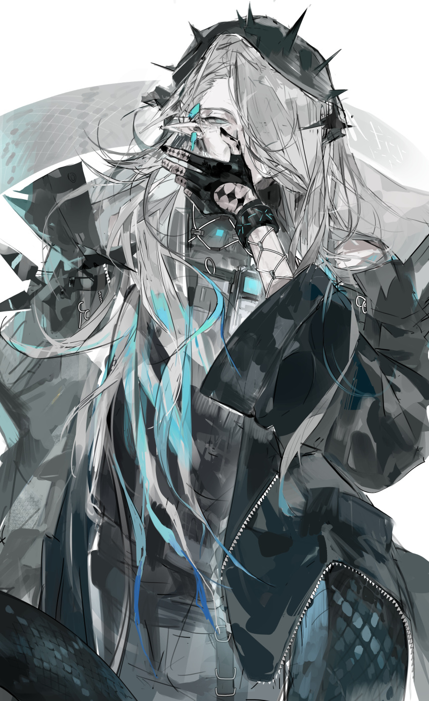 1girl, absurdres, aqua_eyes, aqua_hair, arknights, gexingdeng235, grey_hair, hair_over_one_eye, highres, looking_at_viewer, mantra_(arknights), multicolored_hair, old, old_woman, snake_girl, solo, two-tone_hair