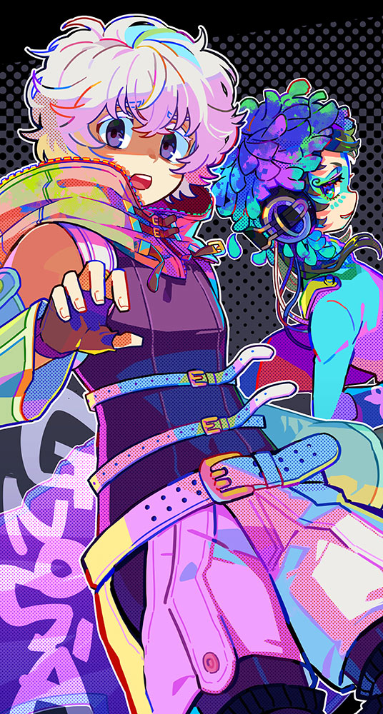 1boy, 1other, androgynous, blue_eyes, blue_hair, facepaint, facial_mark, feathers