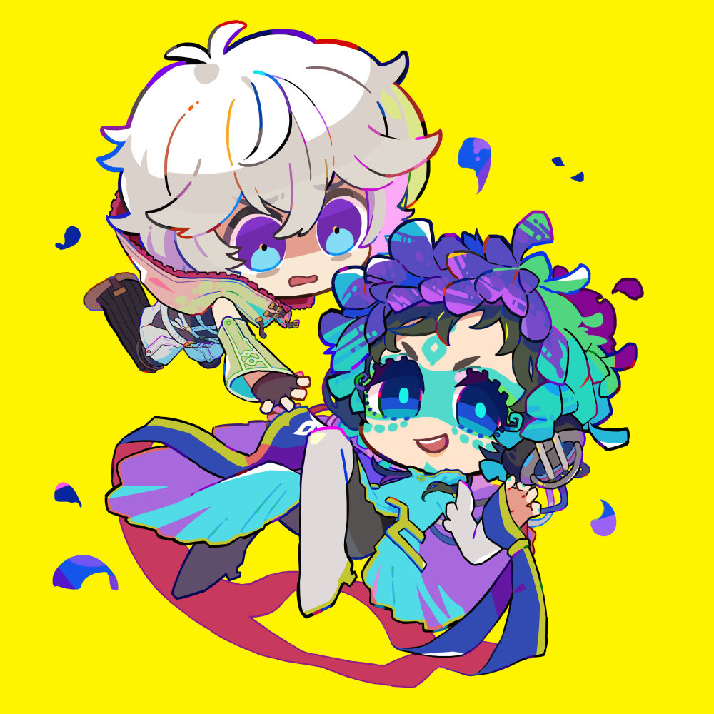 1boy, 1other, androgynous, blue_eyes, blue_hair, chibi, facepaint, facial_mark
