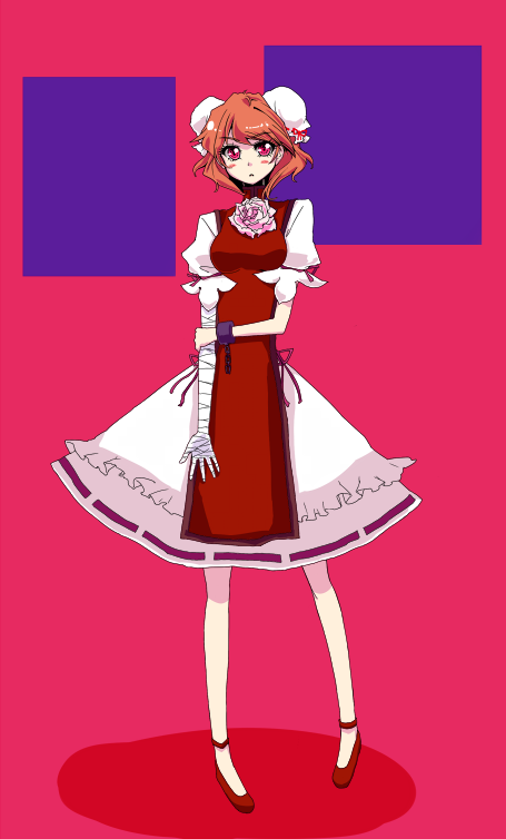 bun_cover, chinese_clothes, double_bun, flower, ibara_kasen, ibaraki_kasen, orange_hair, pink_eyes, pink_hair, pink_rose, rose, sai_koro, short_hair, solo, tabard, touhou