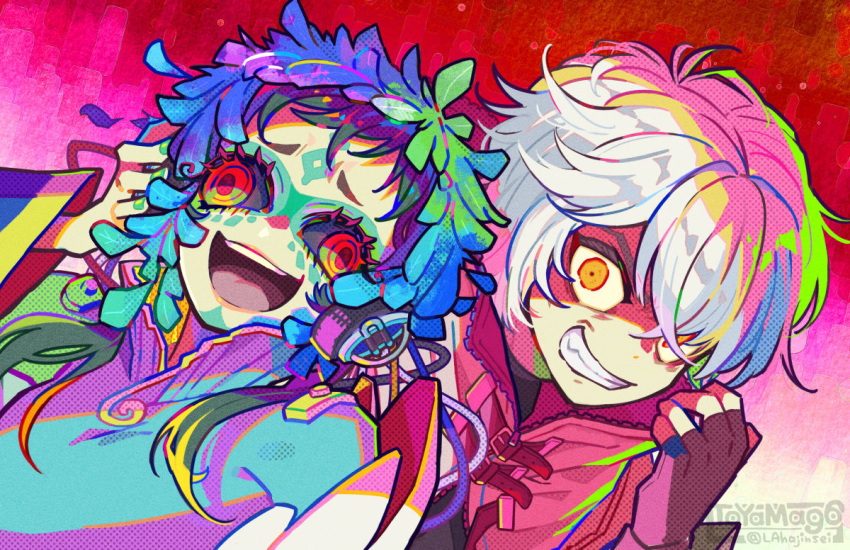 1boy, 1other, androgynous, black_hair, blue_eyes, blue_hair, corruption, crazy_eyes