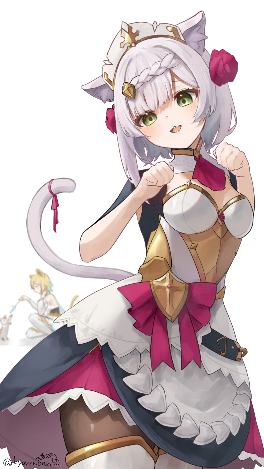 2girls, absurdres, alternate_breast_size, animal_ear_fluff, animal_ears, apron, armor, armored_dress, ascot, belt, black_belt, black_dress, blonde_hair, blue_scarf, blunt_bangs, blurry, boobplate, boots, bow, braid, braided_bangs, breasts, brooch, brown_pantyhose, calico, cat, cat_ears, cat_girl, cat_tail, dot_nose, dress, dress_bow, extra_ears, fang, feather_hair_ornament, feathers, flower, frilled_apron, frilled_dress, frills, genshin_impact, gold_trim, green_eyes, hair_flower, hair_ornament, head_rest, head_tilt, highres, holding, holding_feather, jewelry, kyanonpan50, layered_dress, looking_at_viewer, lumine_(genshin_impact), maid, maid_apron, maid_headdress, medium_breasts, multiple_girls, noelle_(genshin_impact), on_one_knee, open_mouth, pantyhose, paw_pose, pink_ascot, pink_bow, pink_flower, pink_ribbon, pink_rose, ribbon, rose, scarf, short_hair, short_hair_with_long_locks, sidelocks, simple_background, tail, tail_ornament, tail_ribbon, thigh_boots, white_apron, white_background, white_dress, white_footwear, white_hair