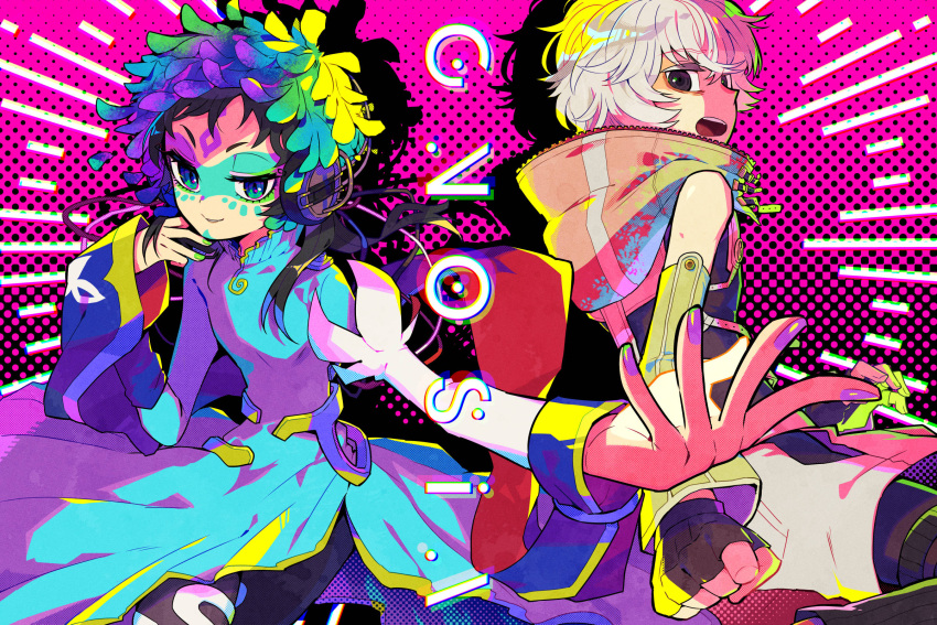 1boy, 1other, androgynous, black_hair, blue_eyes, blue_hair, dress, facepaint