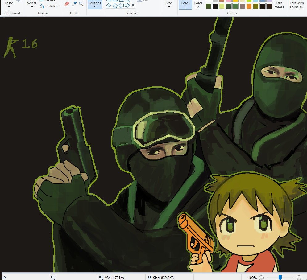 1girl, 2boys, arrow_(symbol), art_program_in_frame, balaclava, black_eyes, black_jacket, blush