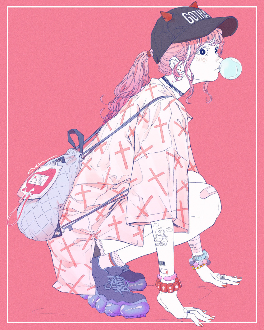 1girl, absurdres, akira_13go, backpack, bag, black_choker, black_eyes, black_hat