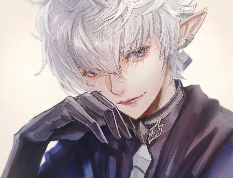 1boy, alphinaud_leveilleur, black_gloves, blue_eyes, close-up, earclip, elezen, elf