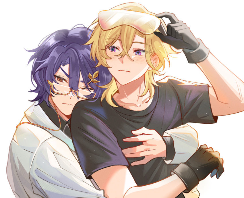 2boys, aventurine_(honkai:_star_rail), black_gloves, black_shirt, blonde_hair, blue_hair, closed_mouth, coat