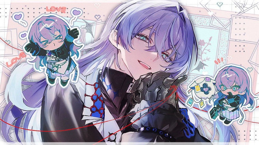 0x3nr, 1boy, aqua_eyes, black_gloves, black_shirt, chibi, crossed_bangs, gloves