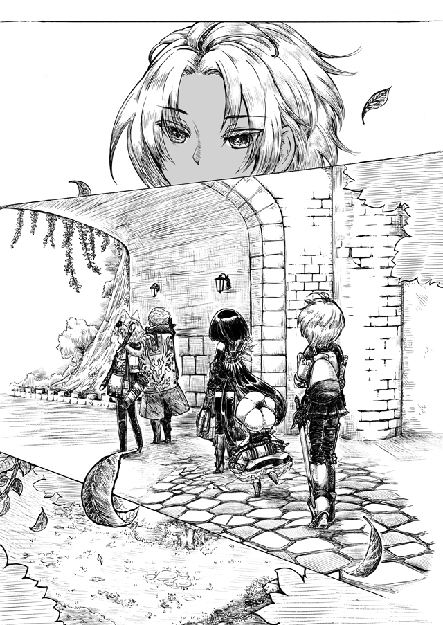 1girl, 4boys, animal_ears, armor, bow_(weapon), dark-skinned_male, dark_skin, dragoon_1_(sekaiju)