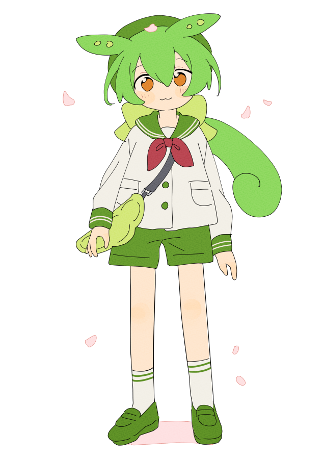 1girl, :3, beret, blush, bow, brown_eyes, food-themed_bag, full_body