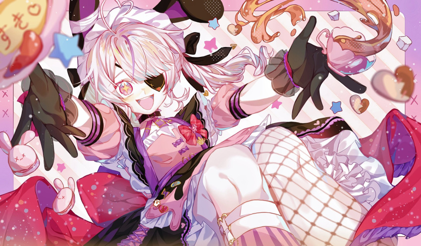 1girl, :d, ahoge, animal_ears, asymmetrical_legwear, black_gloves, chapret10, drill_hair