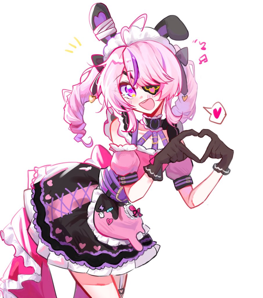 :d, animal_ears, black_gloves, blush, chinese_commentary, drill_hair, fake_animal_ears, gloves, heart, heart_hands, long_hair, looking_at_viewer, maria_marionette, maria_marionette_(2nd_costume), multicolored_hair, musical_note, nijisanji, nijisanji_en, notice_lines, open_mouth, pink_eyes, pink_hair, rabbit_ears, smile, spoken_heart, streaked_hair, twin_drills, twintails, virtual_youtuber, yezi88625525