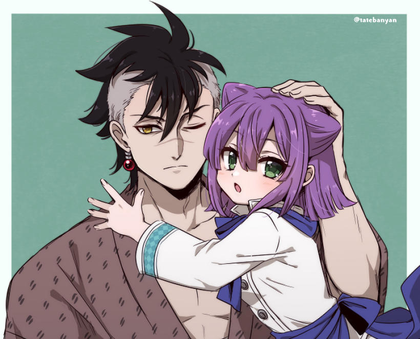 1boy, 1girl, akanegakubo_momo, black_hair, double_bun, earrings, green_eyes, hair_bun