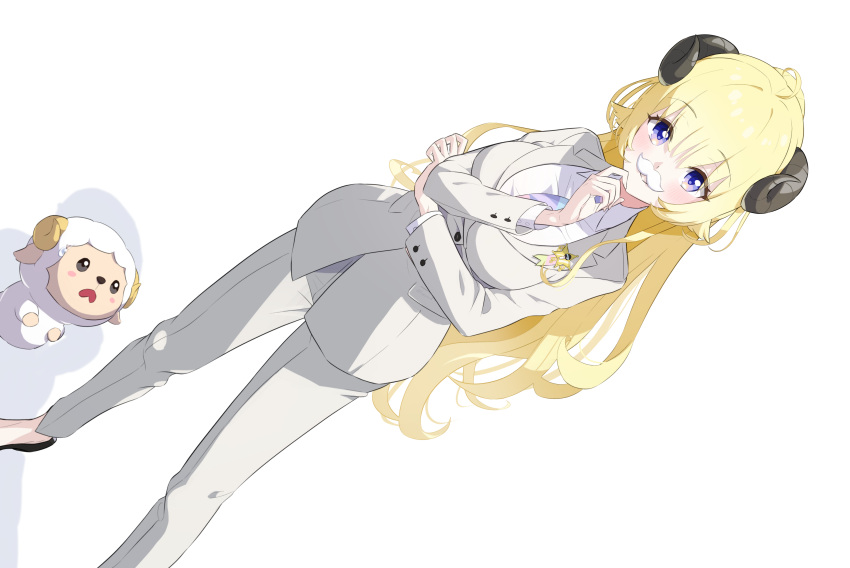 1girl, absurdres, ahoge, alternate_costume, alternate_hairstyle, animal_ears, black_footwear, blonde_hair, breasts, collared_shirt, commentary_request, dress_shirt, dutch_angle, fake_facial_hair, fake_mustache, fueppu, highres, hololive, horns, jacket, large_breasts, long_hair, looking_at_viewer, necktie, no_socks, pant_suit, pants, ponytail, purple_necktie, sheep_ears, sheep_girl, sheep_horns, shirt, solo, suit, suit_jacket, tsunomaki_watame, very_long_hair, violet_eyes, virtual_youtuber, watamate, white_pants, white_shirt, white_suit
