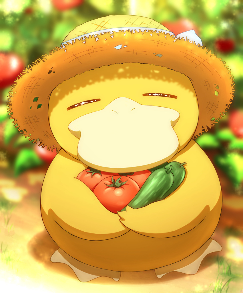 blurry, blurry_background, closed_eyes, cucumber, food, happy, hat, hat_ribbon