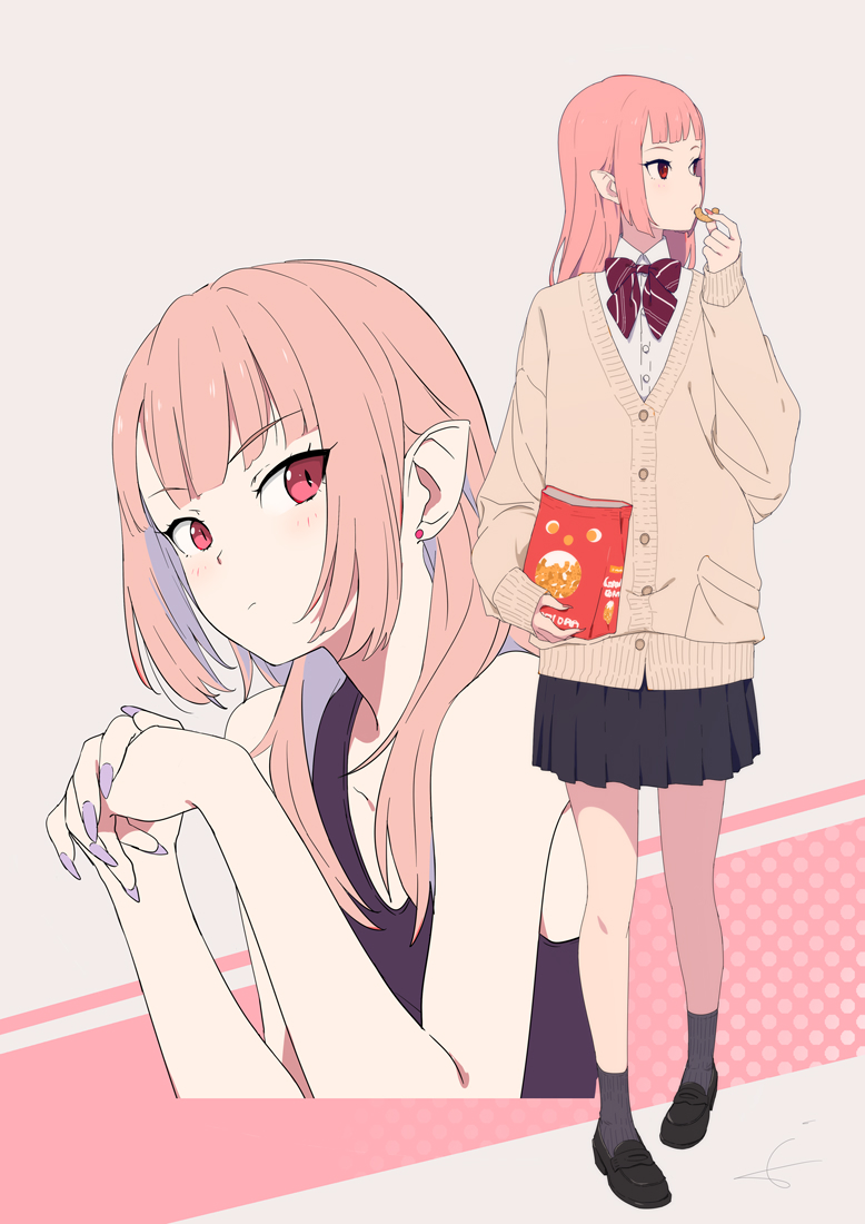 1girl, ankle_socks, bag, black_footwear, black_skirt, blunt_bangs, blush, bow, bowtie, buttons, cardigan, cei_(sohin), closed_mouth, collarbone, commentary_request, dress_shirt, earrings, eating, fake_nails, fingernails, food, full_body, grey_background, grey_socks, hand_up, holding, holding_bag, holding_food, holding_snack, jewelry, loafers, long_fingernails, looking_at_viewer, looking_to_the_side, miniskirt, multiple_views, original, pigeon-toed, pink_hair, pleated_skirt, pointy_ears, purple_bow, purple_bowtie, purple_nails, purple_tank_top, red_bag, red_eyes, ribbed_socks, school_uniform, shirt, shoes, sidelocks, sideways_glance, skirt, slit_pupils, snack, socks, sohin, striped_bow, striped_bowtie, striped_clothes, swept_bangs, tank_top, thighs, tohato_caramel_corn, turning_head, upper_body, violet_eyes, yellow_cardigan