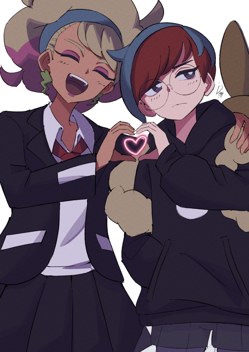 2girls, backpack, bag, blonde_hair, blue_hair, blush, closed_mouth, collared_shirt