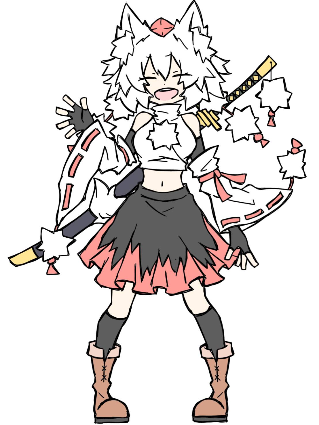 1girl, animal_ear_fluff, animal_ears, bare_shoulders, black_skirt, black_thighhighs, boots, brown_footwear, elbow_gloves, facing_viewer, fingerless_gloves, full_body, fumomono, gloves, hat, highres, inubashiri_momiji, katana, midriff, navel, open_mouth, ribbon-trimmed_sleeves, ribbon_trim, sheath, sheathed, shirt, short_hair, simple_background, skirt, smile, solo, stomach, sword, tail, teeth, thigh-highs, tokin_hat, touhou, upper_teeth_only, weapon, weapon_on_back, white_background, white_hair, white_shirt, white_sleeves, wolf_ears, wolf_girl, wolf_tail