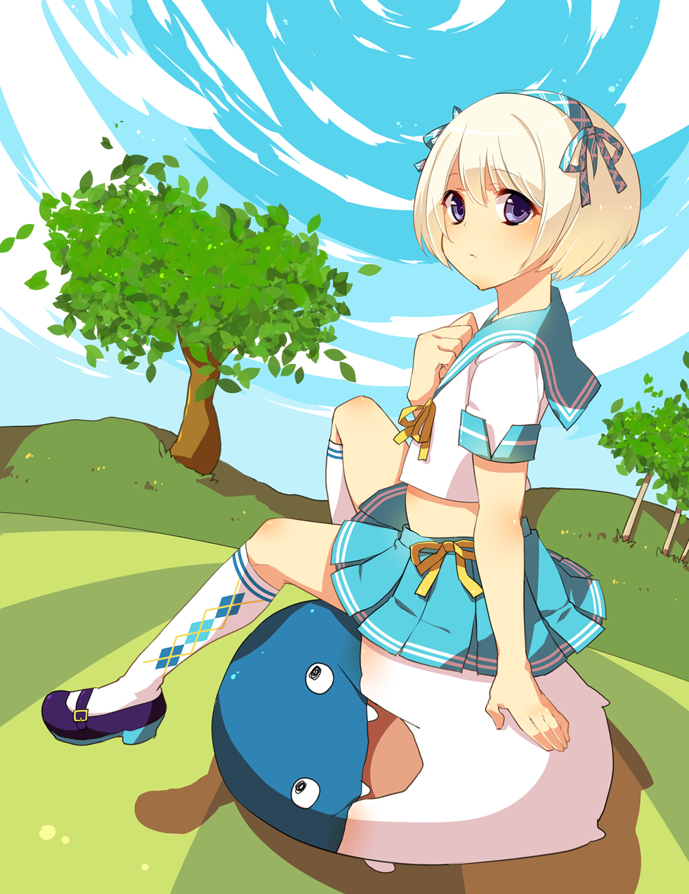 mary_janes, nell_(pangya), pangya, school_uniform, shoes, sitting, sky, trap