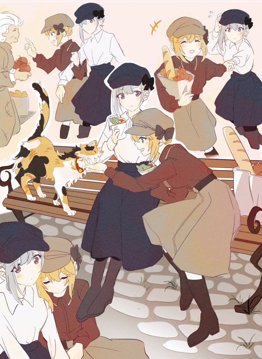 3girls, anisphia_wynn_palettia, apple, bag, baguette, black_hat, black_skirt, blonde_hair, blush, boots, bread, brown_coat, brown_footwear, brown_skirt, calico, cat, closed_eyes, closed_mouth, coat, collared_shirt, commentary, euphyllia_magenta, flying_sweatdrops, food, fruit, green_eyes, grey_hat, grocery_bag, hand_on_own_head, head_on_another's_shoulder, highres, holding, holding_food, holding_hands, locked_arms, long_sleeves, medium_hair, multiple_girls, on_bench, open_mouth, outdoors, parted_lips, qqwan120, red_shirt, shirt, shirt_tucked_in, shopping_bag, sitting, skirt, sleeping, sleeping_on_person, smile, tensei_oujo_to_tensai_reijou_no_mahou_kakumei, violet_eyes, white_hair, white_shirt, yuri