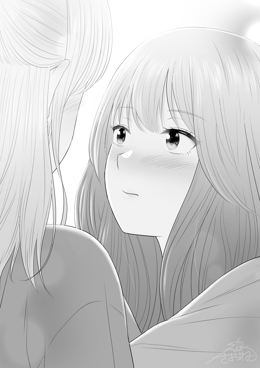 2girls, blush, closed_mouth, commentary_request, greyscale, highres, long_hair, looking_at_another