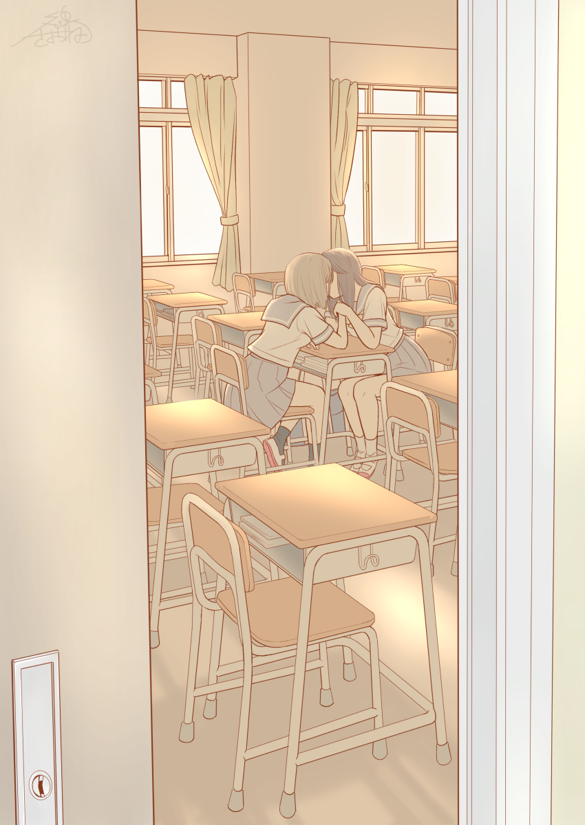 2girls, black_hair, black_socks, blue_sailor_collar, blue_skirt, brown_hair, chair, classroom