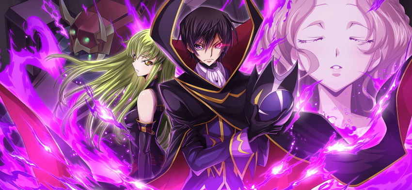 1boy, 2girls, artist_request, ascot, back-to-back, bare_shoulders, black_cape, black_dress