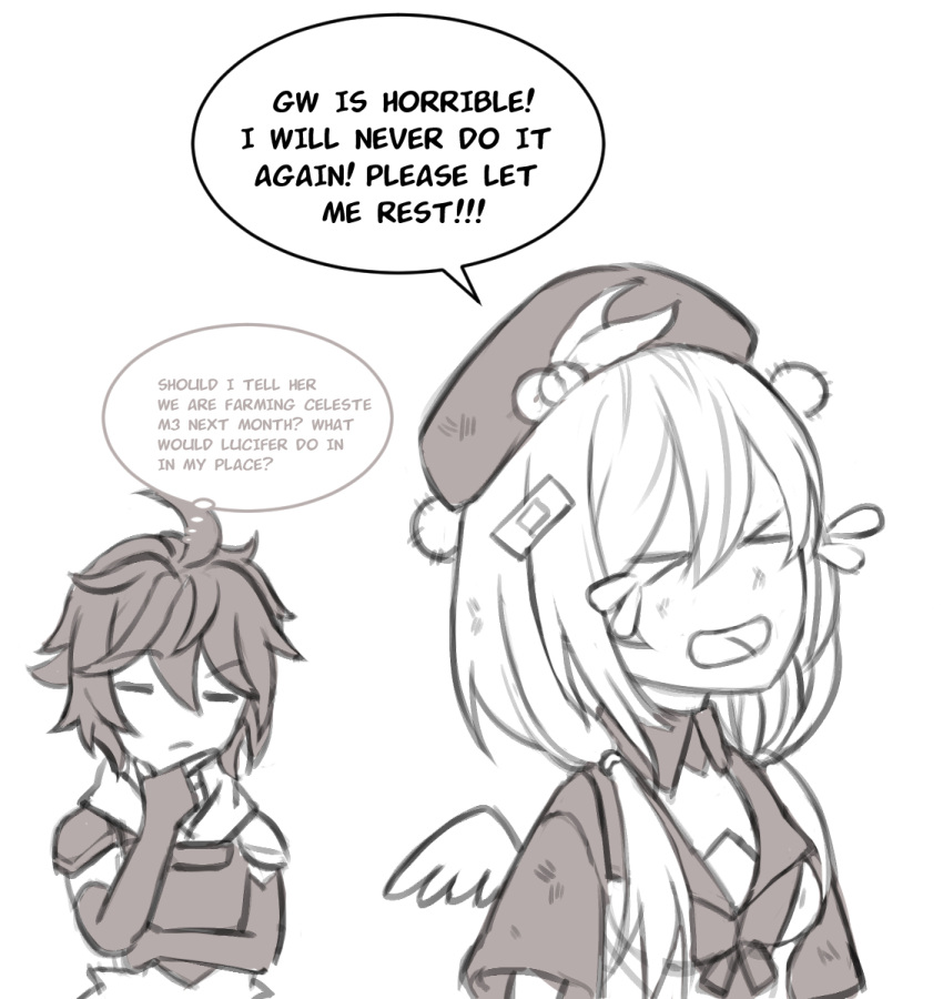 >_<, 1boy, 1girl, =_=, ahoge, bandaid, beret, english_text