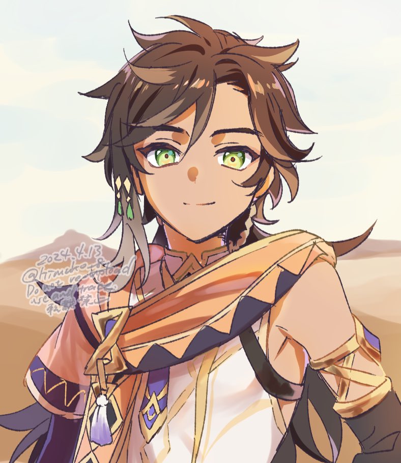 1boy, black_hair, brown_hair, closed_mouth, dark-skinned_male, dark_skin, dated, desert, detached_sleeves, genshin_impact, green_eyes, hair_between_eyes, hair_ornament, kimako_(kimako_8), long_hair, looking_at_viewer, male_focus, multicolored_hair, outdoors, sethos_(genshin_impact), solo, tassel, twitter_username, upper_body