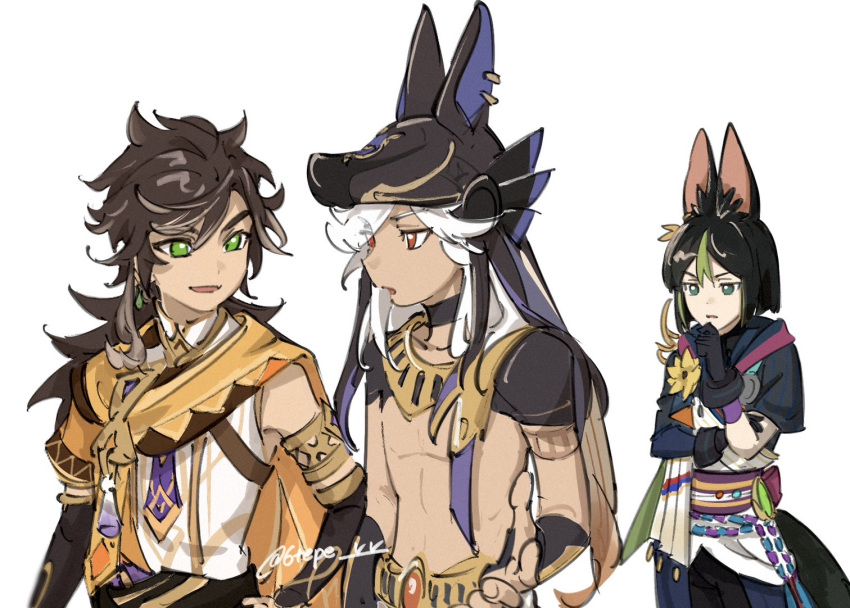 3boys, 6tepe_v_v, animal_ear_fluff, animal_ears, animal_hat, black_choker, black_gloves, black_hair, black_hat, brown_hair, choker, cyno_(genshin_impact), dark-skinned_male, dark_skin, flower, fox_boy, fox_ears, fox_tail, genshin_impact, gloves, green_eyes, green_hair, hat, male_focus, multicolored_hair, multiple_boys, open_mouth, red_eyes, sethos_(genshin_impact), simple_background, tail, tighnari_(genshin_impact), twitter_username, white_background, white_hair, yellow_flower