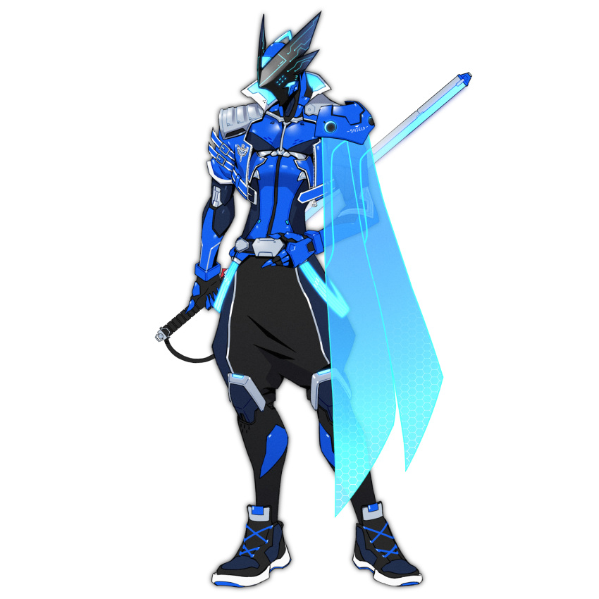 1boy, absurdres, armor, blue_armor, blue_cape, cape, energy_cape, energy_sword