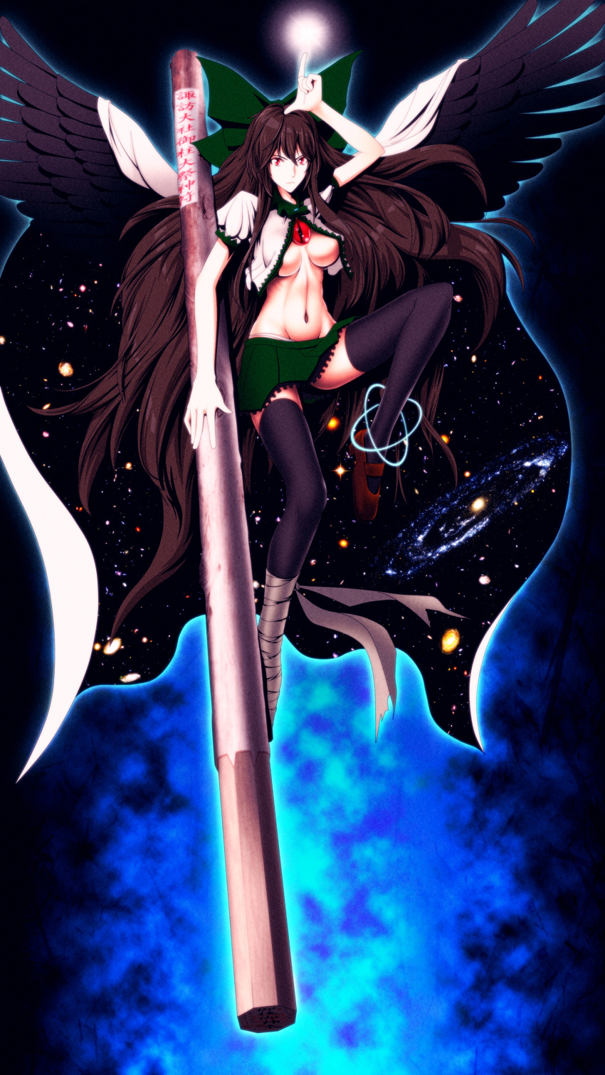 black_legwear, black_thighhighs, bow, breasts, brown_hair, cape, eyes, hair_bow