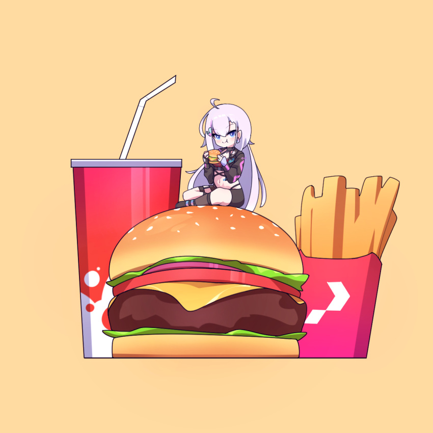 1girl, blue_eyes, burger, cross_(vgne4542), eating, ember_amane, food, french_fries