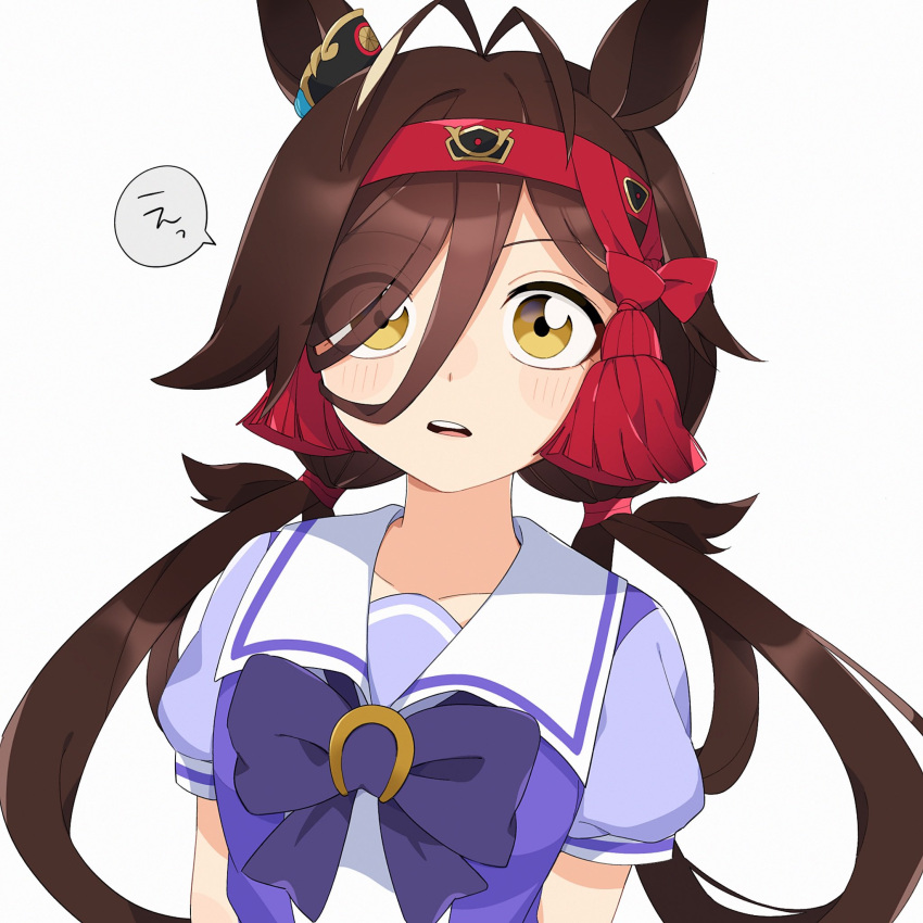 1girl, antenna_hair, blush, breasts, brown_hair, collarbone, hair_between_eyes, hair_ornament