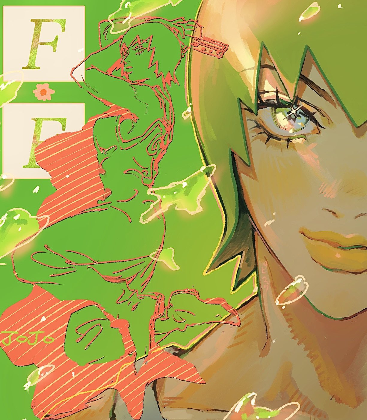 1girl, closed_mouth, copyright_name, foo_fighters_(jojo), full_body, green_background, green_hair, highres
