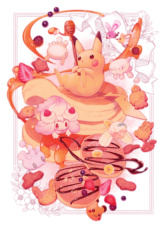 alcremie, alcremie_(strawberry_sweet), alolan_raichu, banana, banana_slice, blackberry_(fruit), character_cookie, character_food