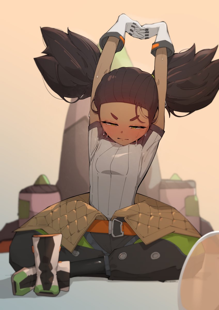 1girl, arms_up, azz0422, belt, black_hair, blush, boots, crossed_legs, dark-skinned_female, dark_skin, flat_chest, gloves, gradient_background, highres, hover_bike, jacket, long_hair, luna_(omega_strikers), omega_strikers, open_clothes, open_jacket, oversized_gloves, short_sleeves, simple_background, sitting, solo, squinting, stretching, sweat, twintails, unworn_boots