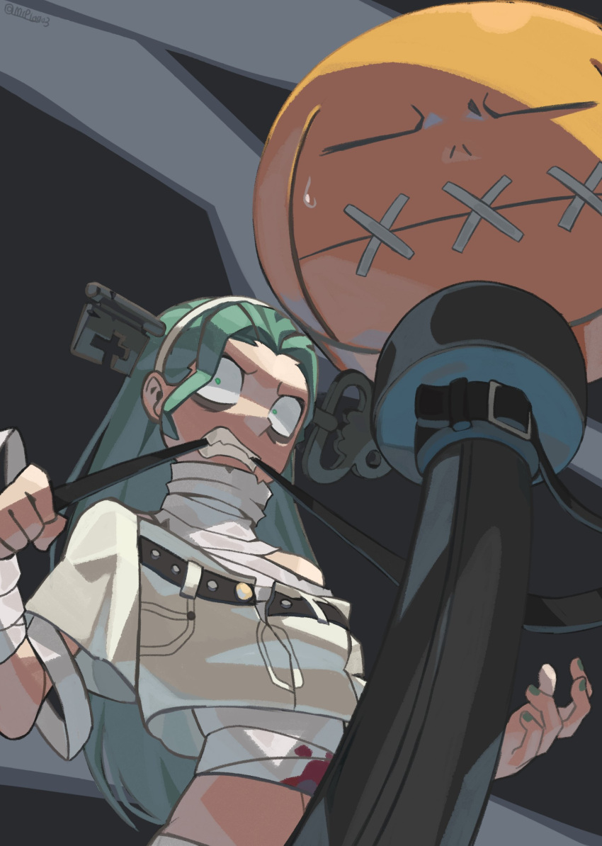 1girl, a.b.a, absurdres, bags_under_eyes, bandaged_chest, bandaged_neck, bandages, bare_shoulders, blood, blood_on_bandages, green_eyes, green_hair, guilty_gear, guilty_gear_strive, headband, highres, key_in_head, long_hair, looking_at_viewer, mr_plagu3, object_through_head, paracelsus_(guilty_gear), shirt, short_sleeves, stitched_mouth, stitches, white_headband, white_shirt