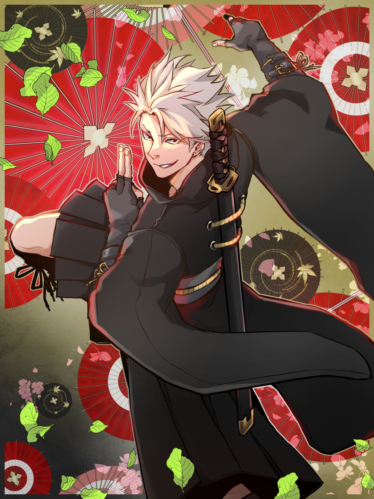1boy, black_gloves, black_kimono, chipp_zanuff, duruko189, fingerless_gloves, gloves, grey_hair, guilty_gear, guilty_gear_strive, hand_gesture, highres, japanese_clothes, kimono, leaf, long_sleeves, looking_at_viewer, male_focus, ninja, oil-paper_umbrella, red_eyes, red_umbrella, smile, umbrella, white_hair