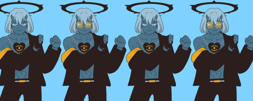 1boy, abs, black_gloves, black_halo, bling-bang-bang-born_(creepy_nuts), blue_background, blue_horns, blue_skin