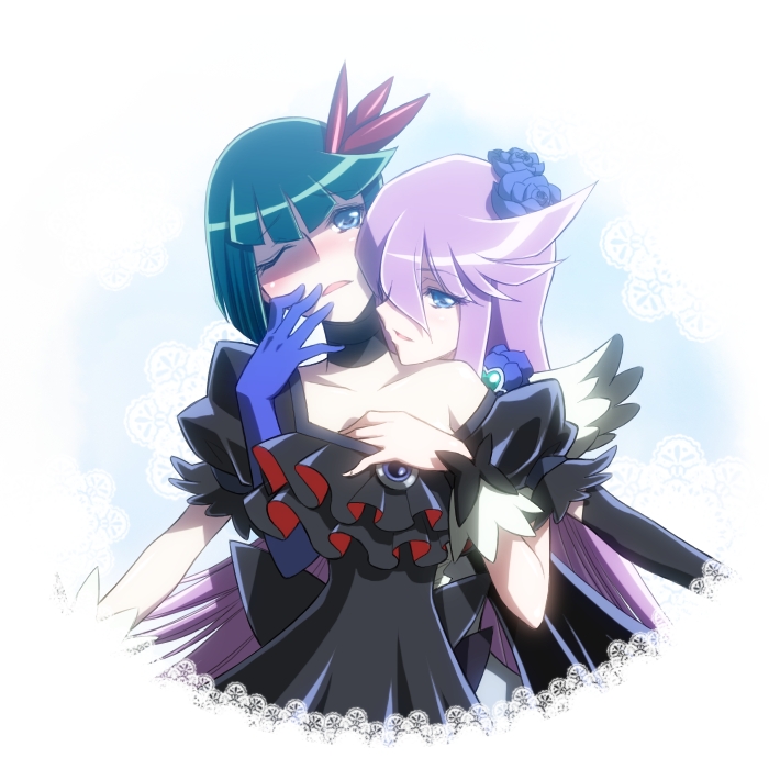 blue_eyes, blue_rose, blush, bow, choker, cure_moonlight, dark_precure, dress