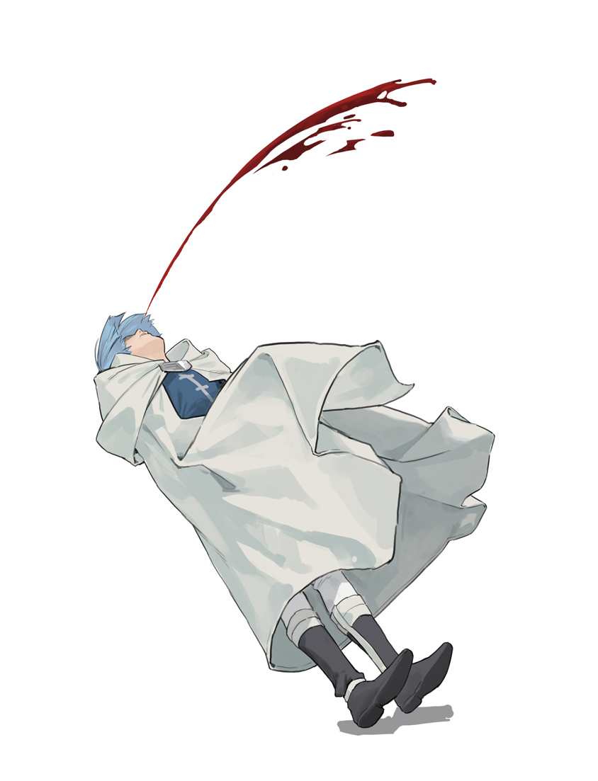 1boy, black_footwear, blood, blue_hair, cancer_(zjcconan), cape, commentary_request, excessive_nosebleed