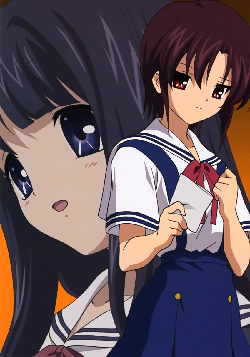 2girls, blue_eyes, blue_hair, blush, clannad, close-up, cowboy_shot, gradient_background