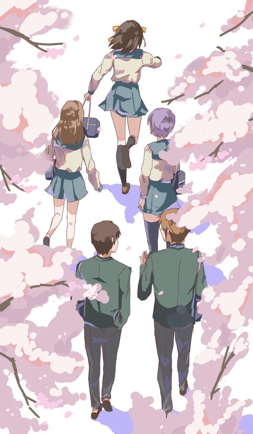 2boys, 3girls, absurdres, asahina_mikuru, bag, black_pants, black_socks, blue_sailor_collar, blue_skirt, brown_footwear, brown_hair, cherry_blossoms, commentary_request, from_above, from_behind, green_jacket, hair_ribbon, hand_in_pocket, highres, holding, holding_bag, jacket, kita_high_school_uniform, kneehighs, koizumi_itsuki, kyon, loafers, long_hair, long_sleeves, medium_hair, multiple_boys, multiple_girls, nagato_yuki, okushiro, pants, pleated_skirt, purple_hair, ribbon, running, sailor_collar, school_bag, school_uniform, serafuku, shoes, skirt, socks, suzumiya_haruhi, suzumiya_haruhi_no_yuuutsu, tree, walking, winter_uniform, yellow_ribbon