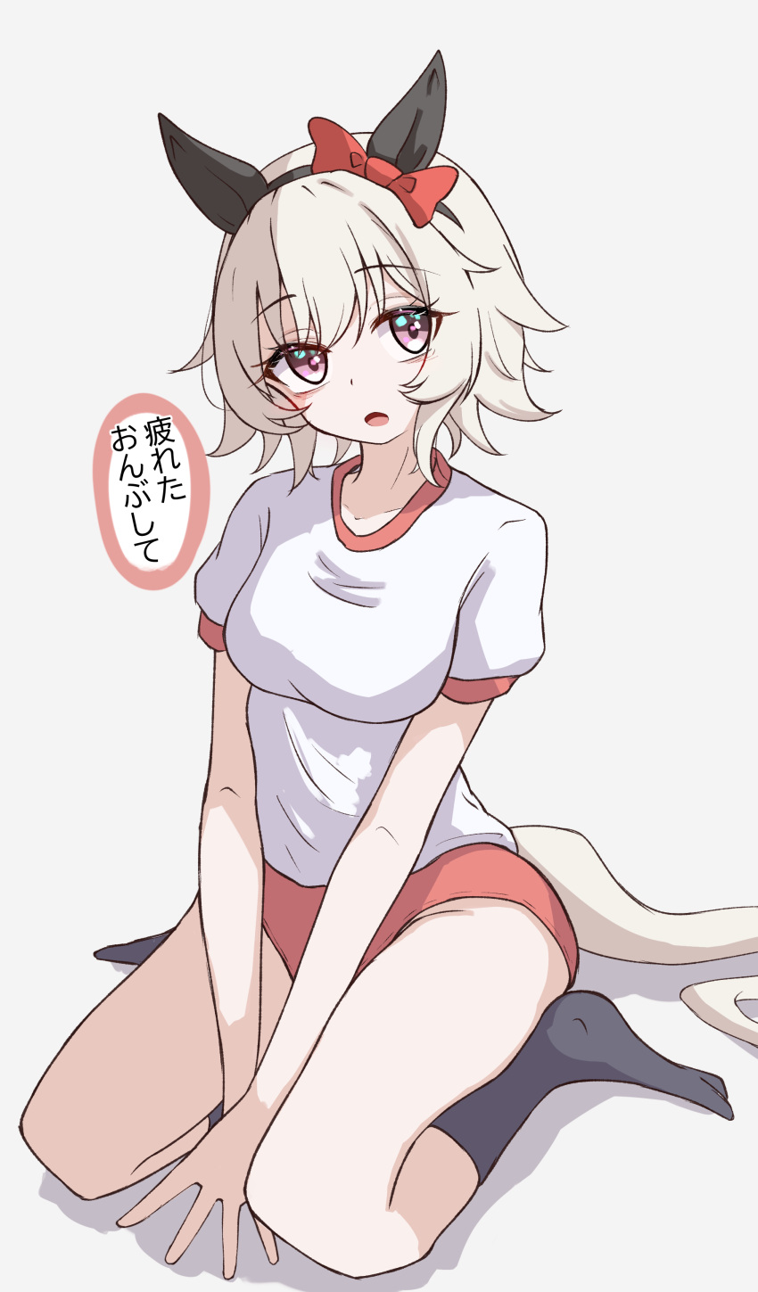 1girl, absurdres, animal_ears, buruma, curren_chan_(umamusume), grey_hair, gym_uniform, hair_ribbon