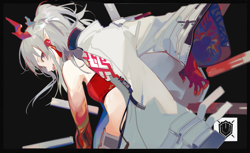 1girl, arknights, black_background, breasts, coat, colored_skin, earrings, eyeliner