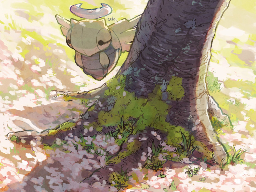 artist_name, bug, carapace, cocoon, dark_skin, flower_bed, grass, halo
