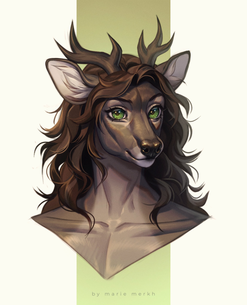 1boy, absurdres, animal_ears, antlers, artist_name, brown_fur, brown_hair, brown_horns, deer_antlers, deer_boy, deer_ears, furry, furry_male, green_background, green_eyes, highres, horns, long_hair, looking_at_viewer, marie_merkh, original, portrait, solo, two-tone_background, white_background