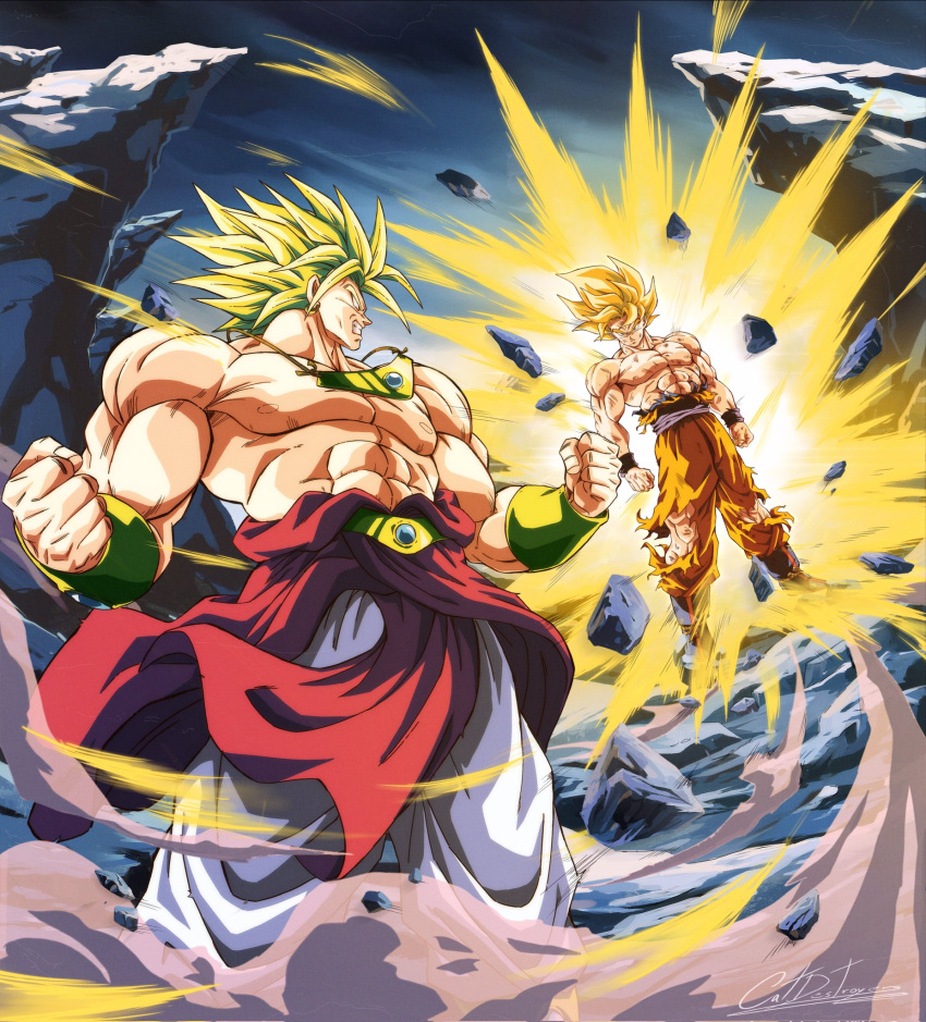 abs, aura, battle_damage, blonde_hair, blue_sash, blue_shirt, boots, broly_(dragon_ball_z), catdestroyer, clenched_hands, clenched_teeth, corrupted_twitter_file, debris, dougi, dragon_ball, dragon_ball_z, earrings, green_hair, highres, injury, jewelry, legendary_super_saiyan, looking_at_another, medium_hair, muscular, muscular_male, no_pupils, orange_pants, orange_shirt, pants, red_eyes, sash, serious, shirt, sign, son_goku, spiky_hair, standing, super_saiyan, teeth, torn_clothes, torn_pants, torn_shirt, white_pants