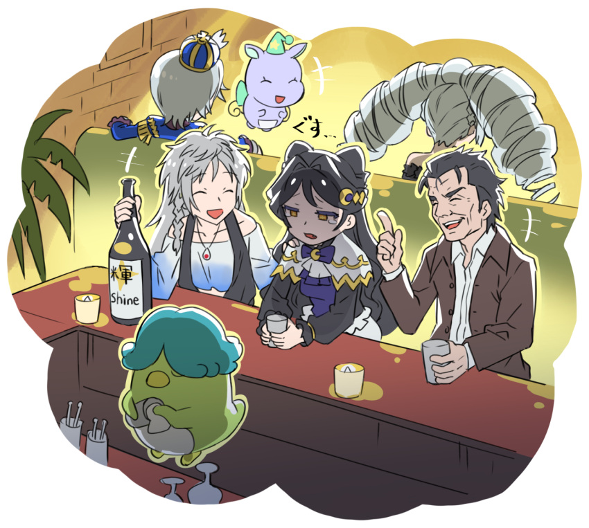 2boys, 3girls, :d, amou_june, bar_(place), bartender, bird, black_hair